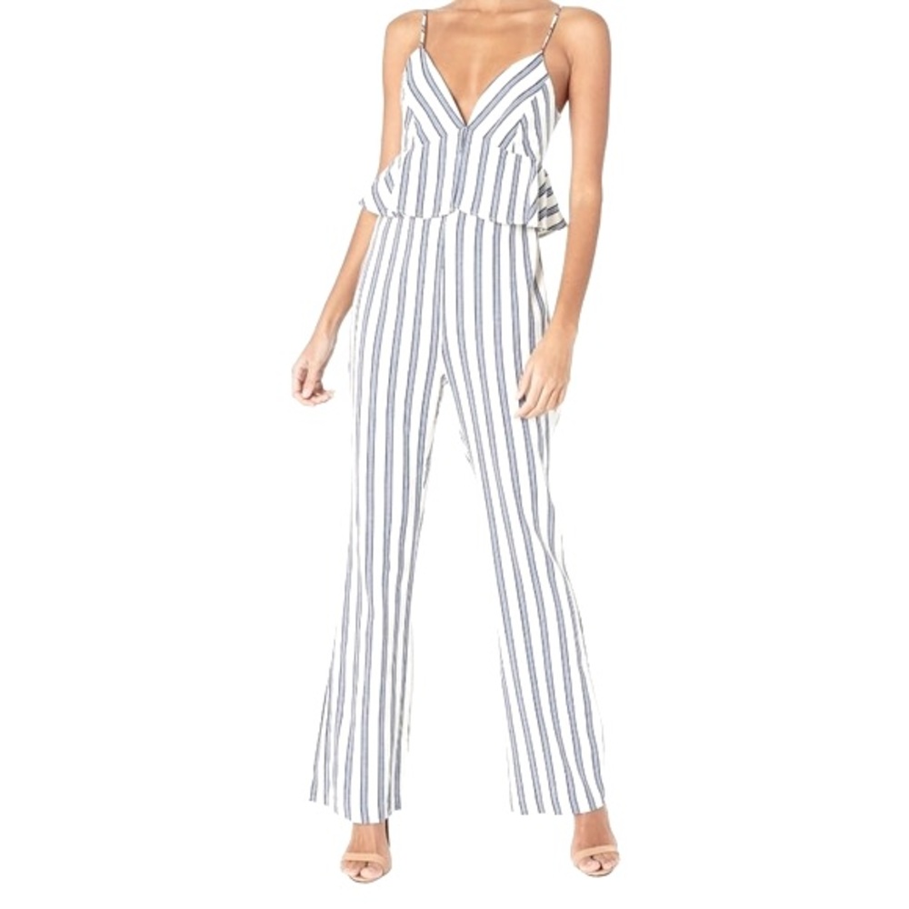 EUC BCBGENERATION PINSTRIPE WHITE BLUE ROMPER PEPLUM WAIST